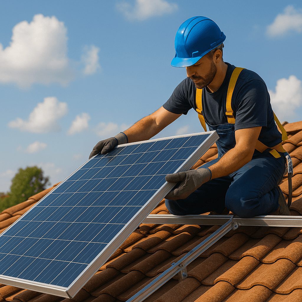 Installateur en train de poser un panneau solaire sur une toiture